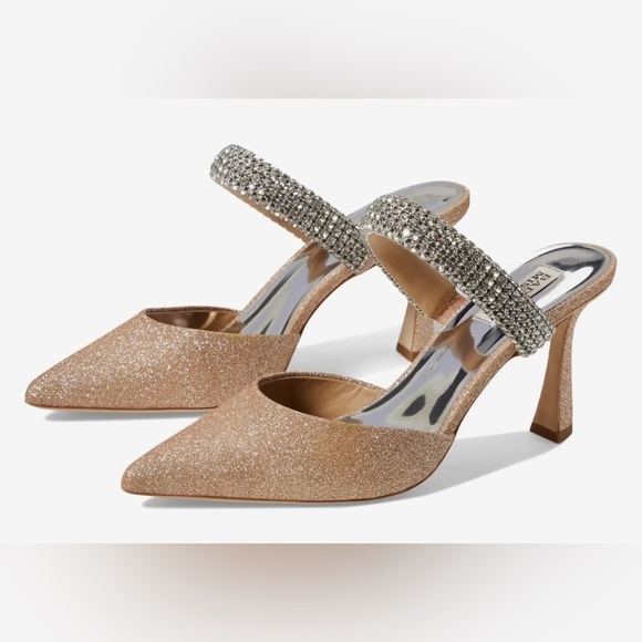Badgley Mischka Shoes - Badgley Mischka Rose Gold Glitter Crystal Strap Pointed Toe Heels Mules Women 7